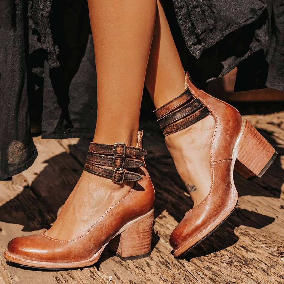 Sienna Triple Buckle Leather Heel