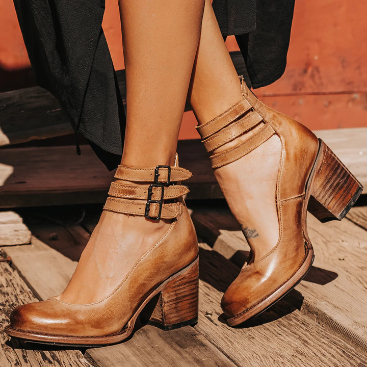 Sienna Triple Buckle Leather Heel