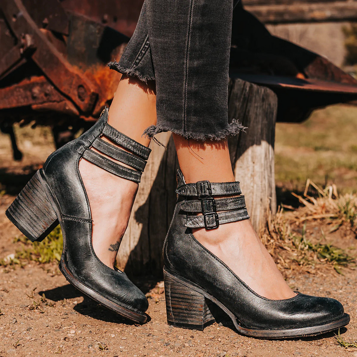 Sienna Triple Buckle Leather Heel
