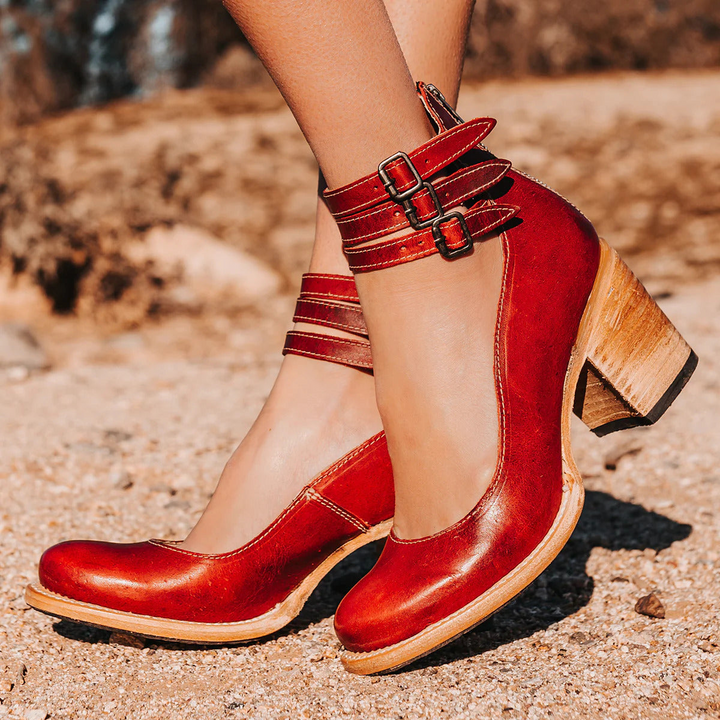 Sienna Triple Buckle Leather Heel