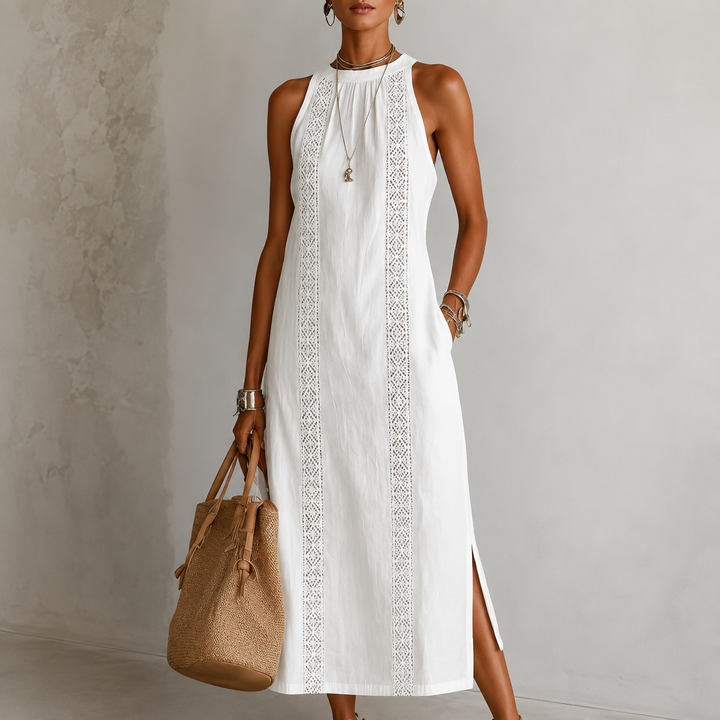 Jimena | Linen Midi Dress with Mao Collar