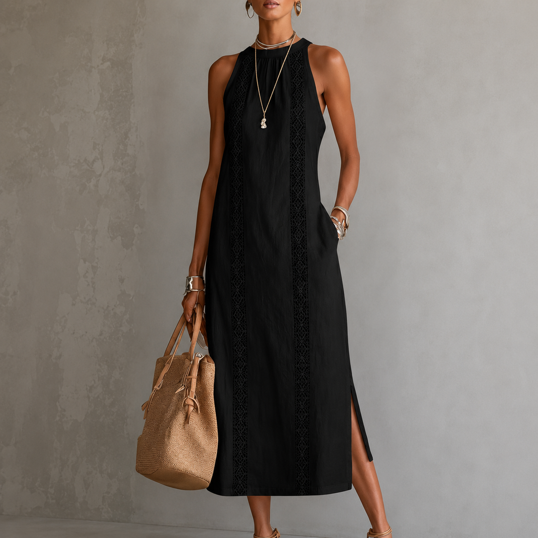 Jimena | Linen Midi Dress with Mao Collar