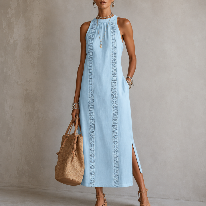 Jimena | Linen Midi Dress with Mao Collar