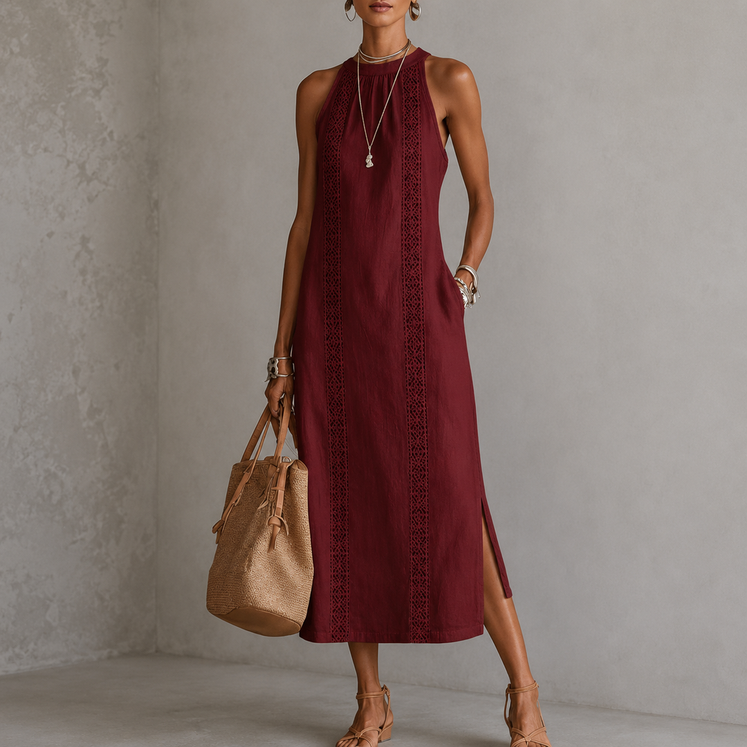 Jimena | Linen Midi Dress with Mao Collar