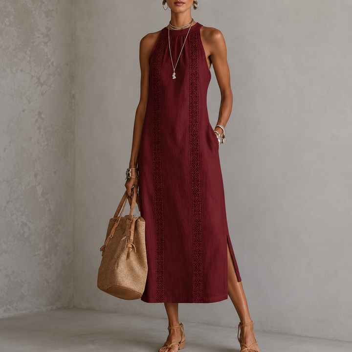 Jimena | Linen Midi Dress with Mao Collar