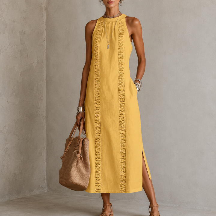 Jimena | Linen Midi Dress with Mao Collar