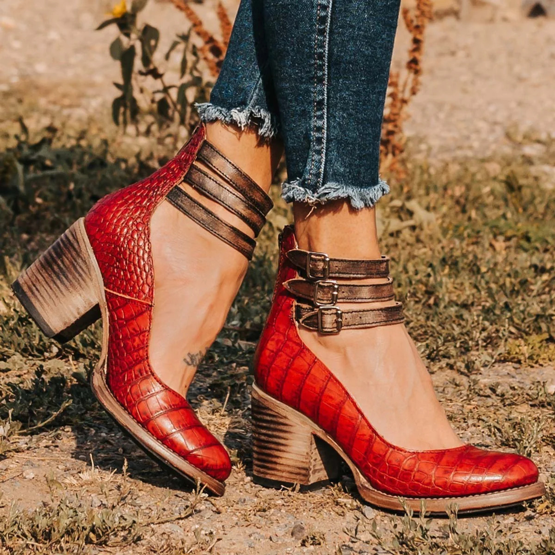 Sienna Triple Buckle Leather Heel